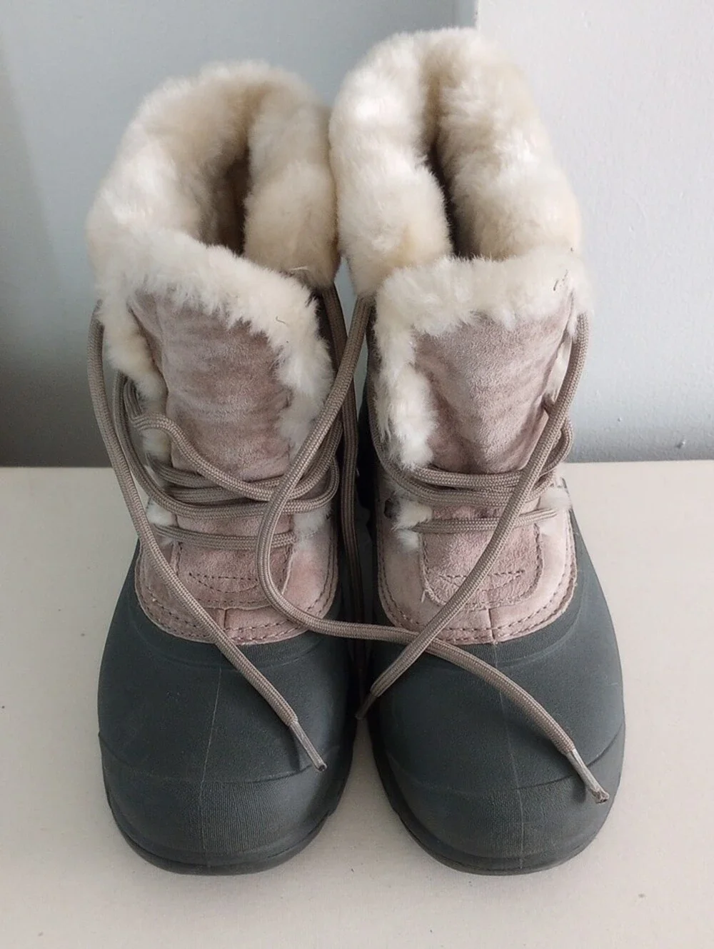 Sorel Snow Angel Lace Women's Taupe Suede & Cream Faux Fur Winter Boots Size 7